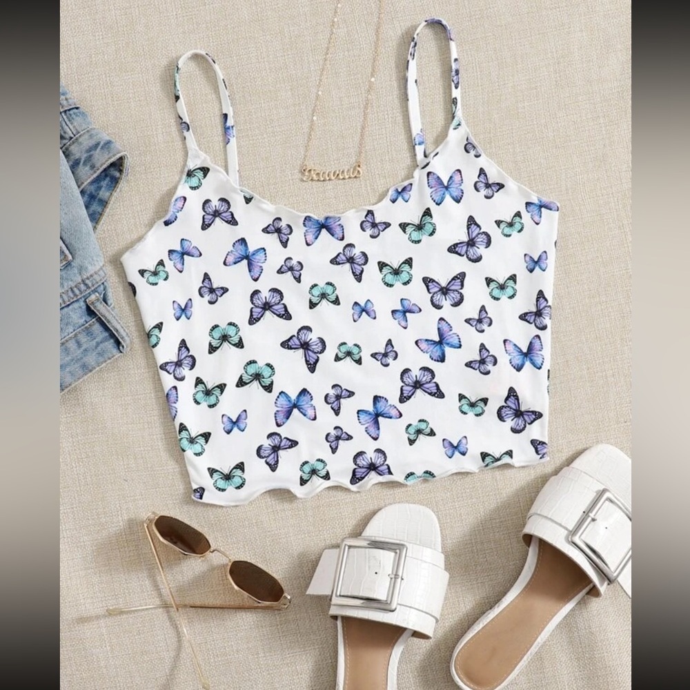 SHEIN EZwear Plus Lettuce Trim Butterfly Print Cami Top